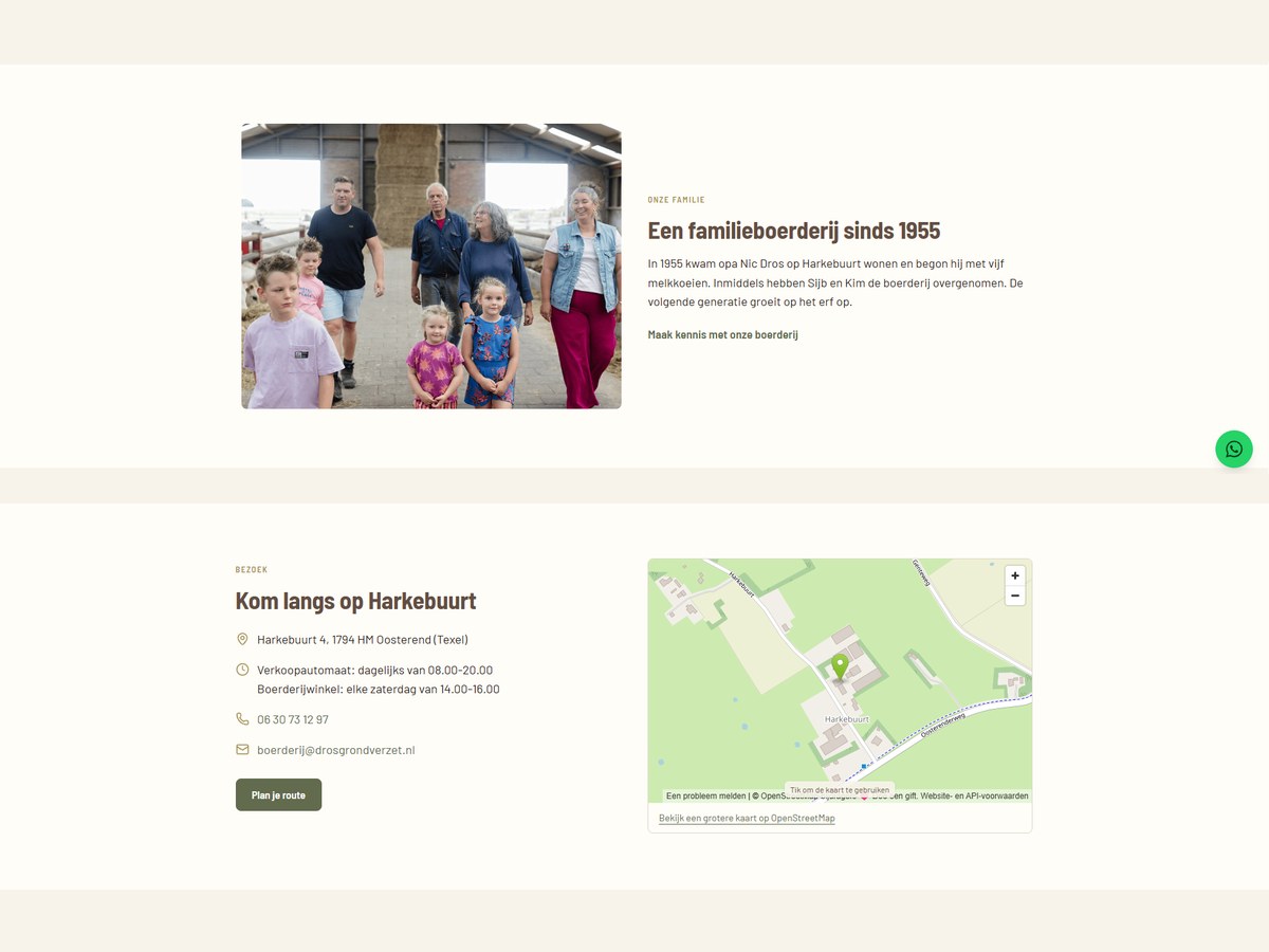 Onderdelen 'Een familieboerderij sinds 1955' en 'Kom langs op Harkebuurt' van de website die beeLoud maakte voor Boerderij Dros op Texel