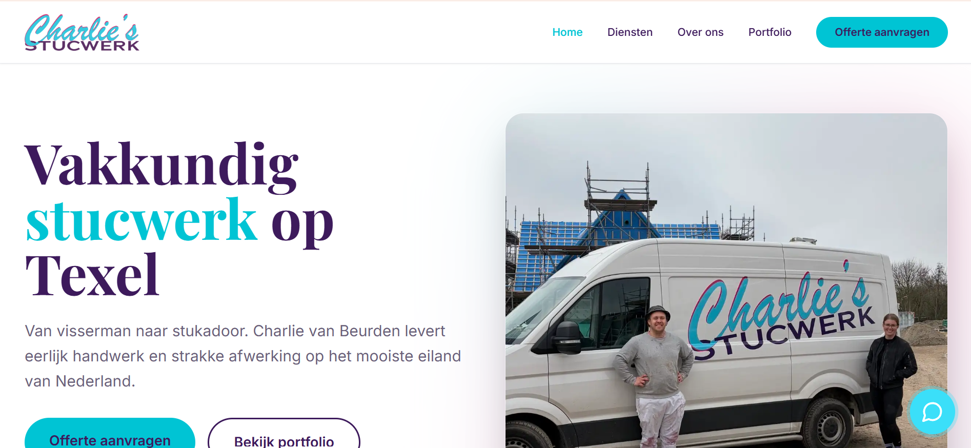 Homepage van de website van Charlie's Stucwerk op Texel