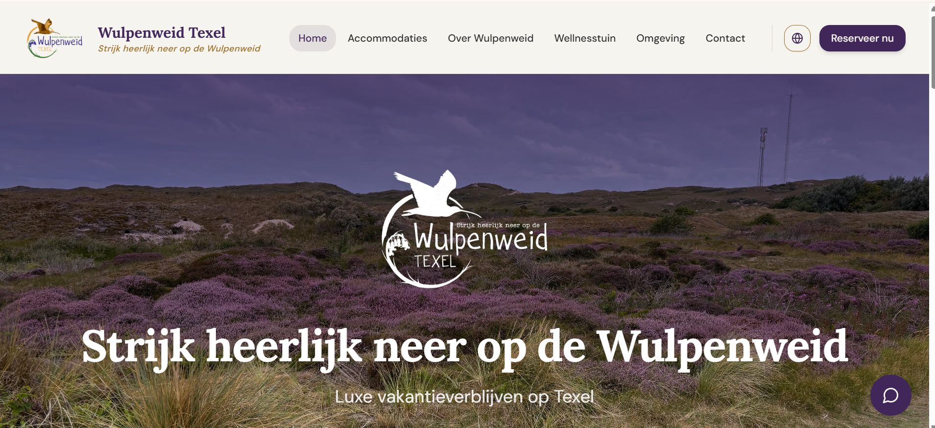 Homepage van de website van Wulpenweid Texel