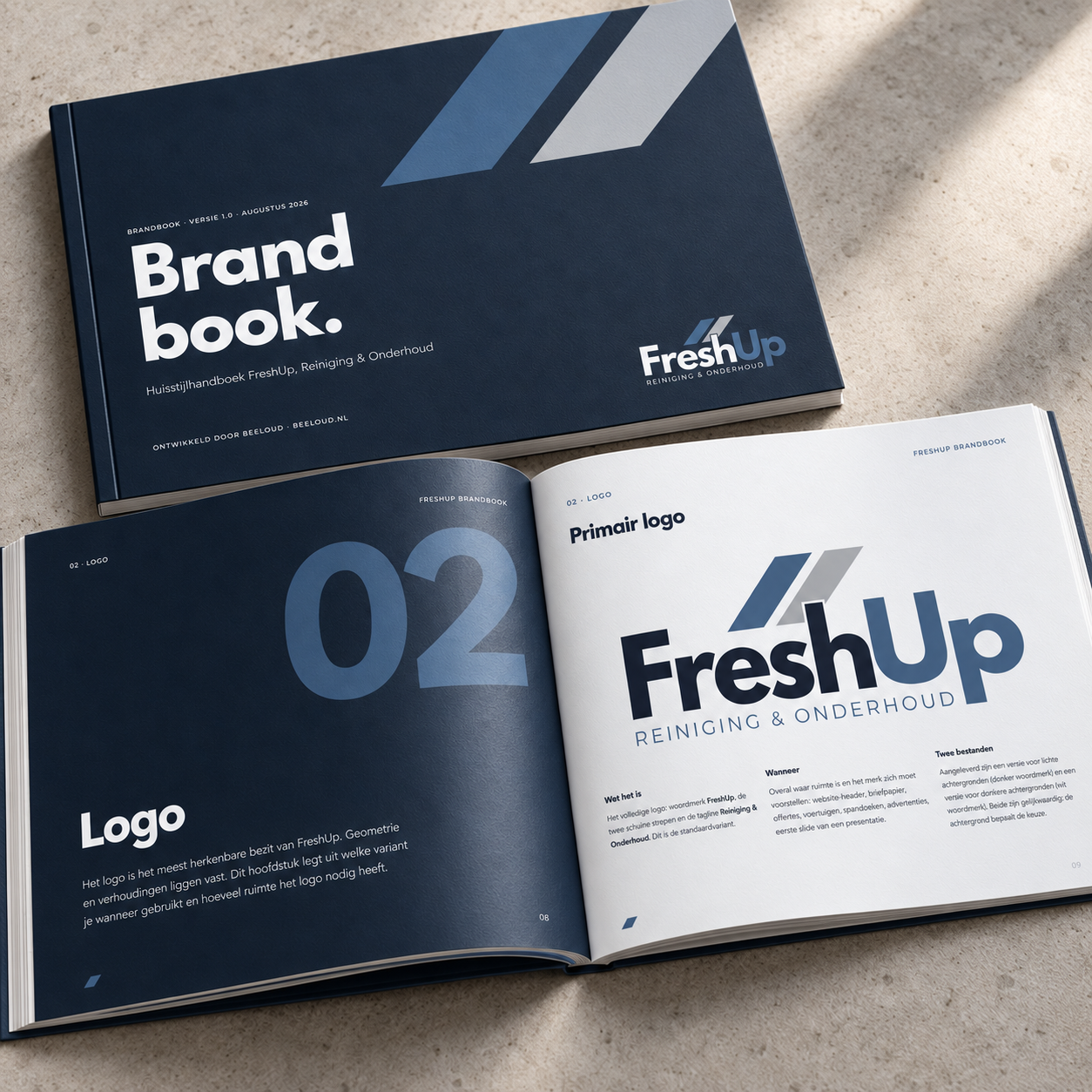 Brandbook en logo die beeLoud ontwikkelde voor FreshUp Reiniging & Onderhoud op Texel