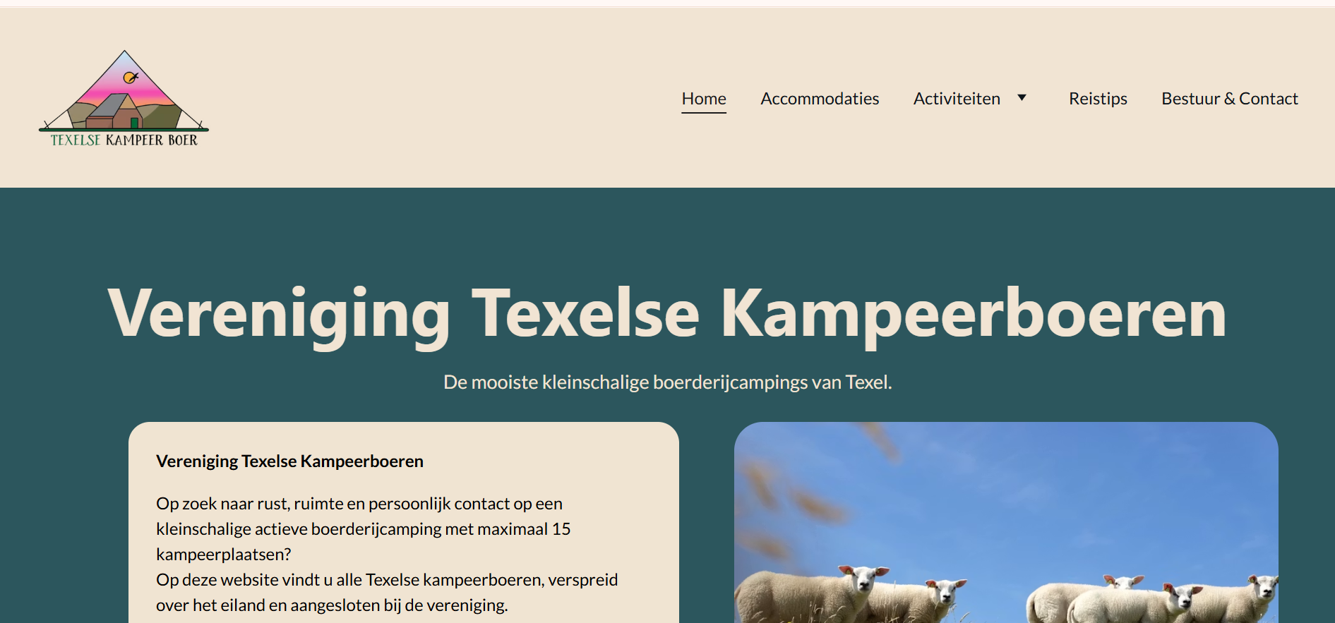 Homepage van de website van de Vereniging Texelse Kampeerboeren