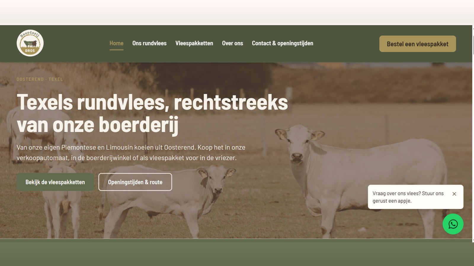 Homepage van de website die beeLoud maakte voor Boerderij Dros, verkoper van Texels rundvlees in Oosterend