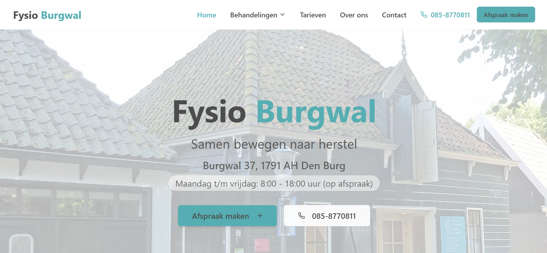 Homepage van de website van Fysio Burgwal in Den Burg