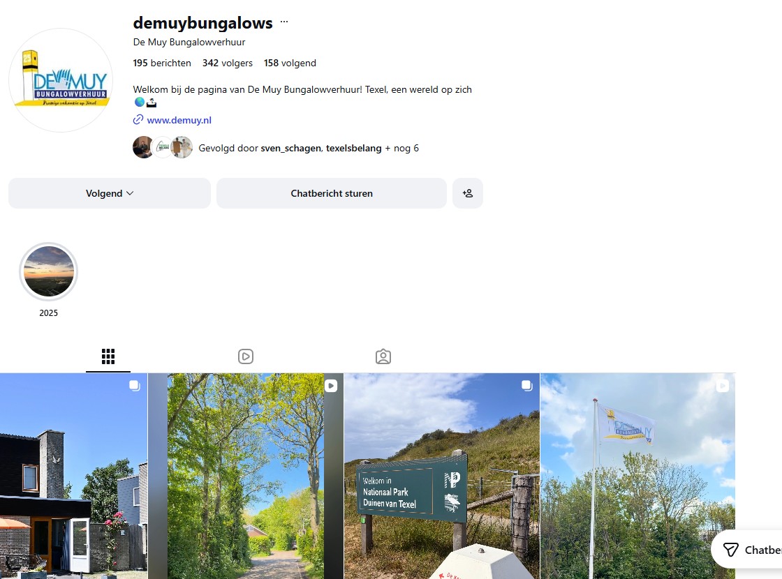 Instagramprofiel van De Muy Bungalowverhuur met beeld van de huisjes en Texel